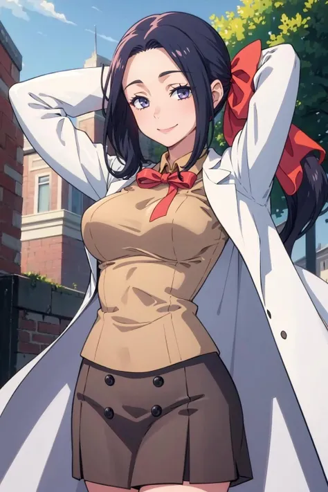masterpiece, best quality, solo, 1girl, smile, looking at viewer, <lora:Mari_Fp:1>, maridesu, hair bow, ponytail, labcoat, skirt, ribbon, outdoors, arms behind head, large breasts,