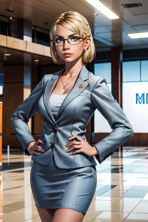 jessie, glasses, blue eyes, blonde hair, business suit, grey skirt, looking at viewer, serious, medium shot, standing, hands on hips, inside mall, crowd, bright lighting, high quality, masterpiece, <lora:jessie_mccartney_lora:.6>