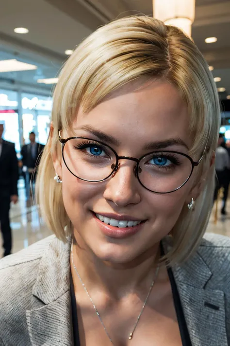 jessie, glasses, blue eyes, blonde hair, business suit, looking at viewer, smiling, close up, inside, mall, crowd, bright lighting, high quality, masterpiece, <lora:jessie_mccartney_lora:.6>