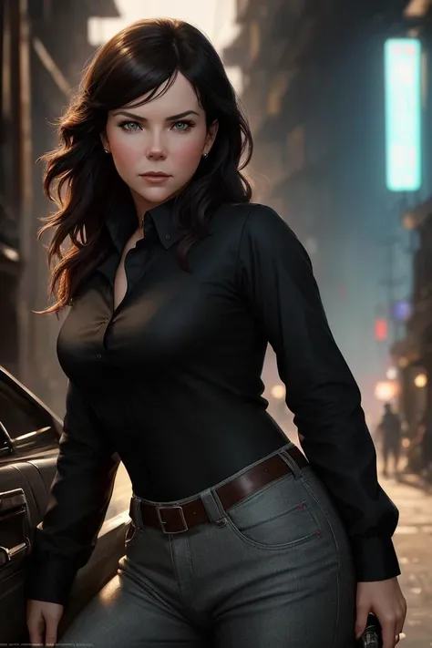 photo of extremely sexy (l4ur3ngrah4m-130:0.99), a woman as a sexy movie star, (closeup portrait:1.2), modelshoot style, (extremely detailed CG unity 8k wallpaper), photo of the most beautiful artwork in the world, professional majestic oil painting by Ed Blinkey, Atey Ghailan, Studio Ghibli, by Jeremy Mann, Greg Manchess, Antonio Moro, trending on ArtStation, trending on CGSociety, Intricate, High Detail, Sharp focus, dramatic, photorealistic painting art by midjourney and greg rutkowski, (tight long sleeve shirt:1.2), (long trousers), ((crowded slums street)), (looking at viewer:1.2), (detailed pupils:1.3)