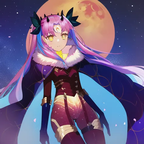 1girl, <lora:ishspa V1:1>, aurora, bodysuit, cape, constellation, crescent, crescent_facial_mark, crescent_moon, facial_mark, fur-trimmed_cape, fur-trimmed_cloak, fur_collar, fur_trim, galaxy, light_particles, long_hair, milky_way, moonlight, night, night_sky, pink_hair, shooting_star, sky, solo, space, star-shaped_pupils, star_\(sky\), starry_background, thighhighs, two_side_up, very_long_hair, yellow_eyes, magic, ishspa,(masterpiece), (best quality)