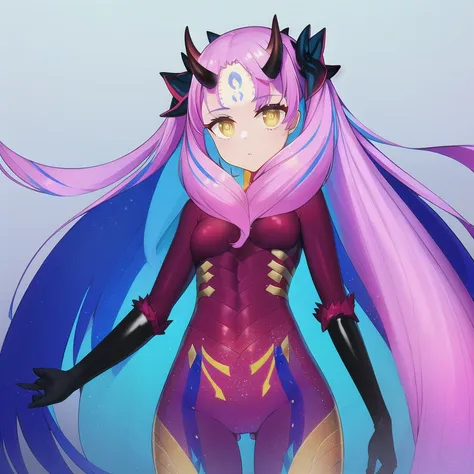 1girl, <lora:ishspa V1:1>, bangs, blue_hair, bodysuit, crescent, crescent_facial_mark, facial_mark, forehead_mark, gradient, gradient_background, horns, long_hair, looking_at_viewer, multicolored_hair, parted_bangs, pink_hair, blue_bodysuit, solo, star-shaped_pupils, tattoo, two-tone_hair, two_side_up, very_long_hair, yellow_eyes, ishspa,(masterpiece), (best quality)