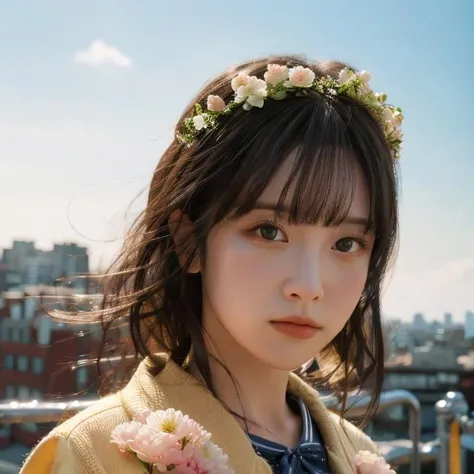 1girl, a young woman, upper body, (looking at viewer:1.3), (schoolgirl jacket), (flower crown), (beautiful city, beautiful sky background), natural skin color, (closed mouth:1.2), (medium breast), floating hair, beautiful expression, face detailed, eyes detailed, iris detailed, masterpiece, best quality, photorealistic, hyper realistic, ultra detailed, perfect lighting, depth of field, shadows, highres, <lora:sayhello0o-v1-lovelyzjiae:1>
