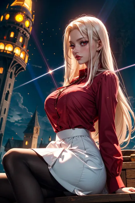 (ultra realistic,32k, masterpiece:1.2),(high detailed skin:1.1),( high quality:1.1),
<lora:IrisvielLORA:0.8>(blush:1.1),Irisviel von Einzbern, red eyes, white hair, long hair, red shirt, dress shirt, white skirt, pantyhose, Medieval spellbound tower, swirling spells, mystical experiments, wizard's abode blurry background,,(looking at viewer, sitting, from below:1.1),, huge breast,large breast,<lora:add_detail:0.77>,
(dense light rays:1.1)