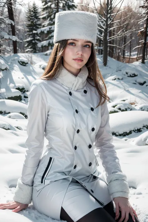 (realistic:1.3), finely detailed, quality, rembrandt lighting, (masterpiece:1.2), (photorealistic:1.2), (best quality), (detailed skin:1.3), (intricate details), dramatic, ray tracing, 1girl, german girl, 21 years old, detailed skin texture, (blush:0.5), (goosebumps:0.5), subsurface scattering, smiling, medium breasts, Irisviel von Einzbern, long hair, blonde hair, pantyhose, white thighboots, white coat, white fur hat, (bright sunny day, outdoors, sitting in snow, heavy snow), <lora:IrisvielLORA:1>