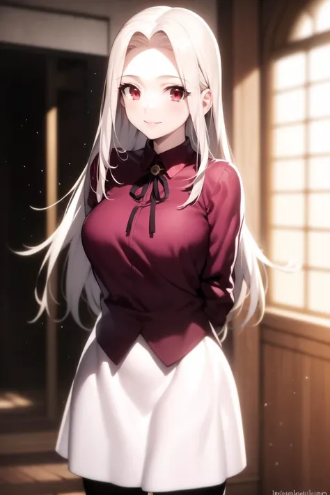 masterpiece, best quality, absurdres, perfect anatomy, 1girl, solo, Irisviel von Einzbern, long hair, red shirt, dress shirt, white skirt, pantyhose, cowboy shot, standing, smile, indoors, arms behind back