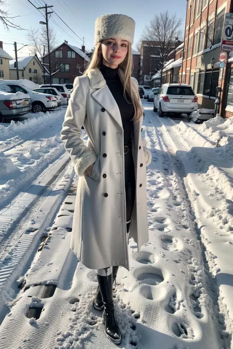 (realistic:1.3), finely detailed, quality, rembrandt lighting, (masterpiece:1.2), (photorealistic:1.2), (best quality), (detailed skin:1.3), (intricate details), dramatic, ray tracing, 1girl, german girl, 21 years old, detailed skin texture, (blush:0.5), (goosebumps:0.5), subsurface scattering, smiling, , Irisviel von Einzbern, long hair, blonde hair, pantyhose, white thighboots, white coat, white fur hat, full body, (bright sunny day, outdoors, snow, city street, cityscape), <lora:IrisvielLORA:1>