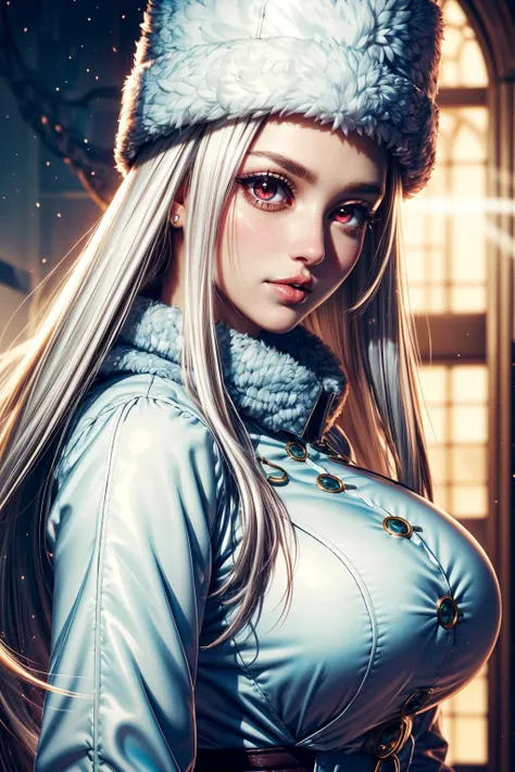 (ultra realistic,32k, masterpiece:1.2),(high detailed skin:1.1),( high quality:1.1), <lora:IllyasvielVonEinzbern_v1:0.8>, zzIllya, red eyes, white hair, papakha, purple headwear, looking at viewer, white scarf, floating hair, upper body, closed mouth, night, outdoors, snowing, sky blooming stars, luminescent petals, otherworldly fragrance blurry background, (looking at viewer, standing:1.1), huge breast, large breast, <lora:add_detail:0.92>, (glowwave:1.1),