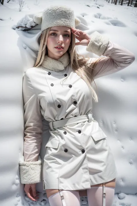 (realistic:1.3), finely detailed, quality, rembrandt lighting, (masterpiece:1.2), (photorealistic:1.2), (best quality), (detailed skin:1.3), (intricate details), dramatic, ray tracing, 1girl, german girl, 21 years old, detailed skin texture, (blush:0.5), (goosebumps:0.5), subsurface scattering, smiling, medium breasts, Irisviel von Einzbern, long hair, blonde hair, pantyhose, white thighboots, white coat, white fur hat, (bright sunny day, outdoors, lying in snow), <lora:IrisvielLORA:1>
