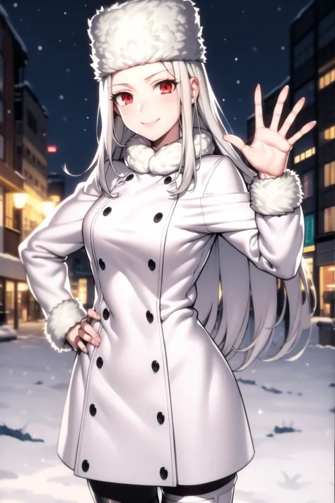 masterpiece, best quality, absurdres, perfect , 1girl, solo, Irisviel von Einzbern, long hair, pantyhose, thighboots, coat, white coat, fur hat, cowboy shot, standing, smile, outdoors, city, winter, hand on hip, wave