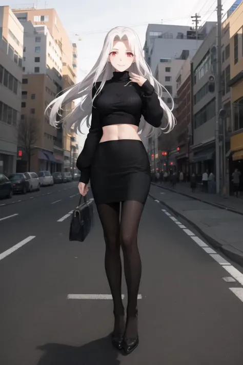 masterpiece, best quality, absurdres, perfect anatomy, 1girl, solo, Irisviel von Einzbern, medium breasts, long hair, ribbed sweater, black sweater, long sleeves, pencil skirt, plaid skirt, pantyhose, midriff:0.6, toned, standing, smile, outdoors, sidewalk, city