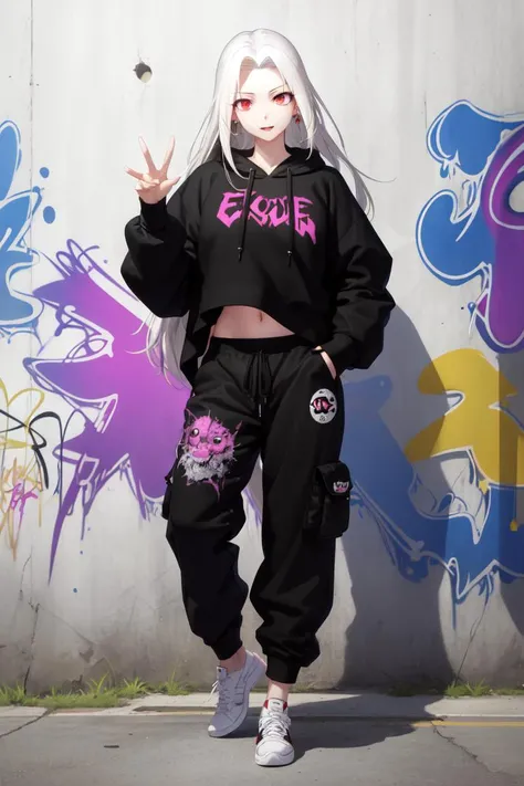 masterpiece, best quality, absurdres, perfect anatomy, 1girl, solo, Irisviel von Einzbern, medium breasts, long hair, urban and street style, graffiti-inspired colors, cool and edgy attire, baggy pants, oversized hoodie, stylish sneakers, fashionable accessories, hip hop jewelry, confident expression, graffiti walls, energetic and vibrant atmosphere
