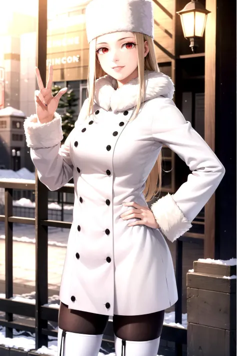 masterpiece, best quality, absurdres, perfect anatomy, 1girl, solo, Irisviel von Einzbern, long hair, pantyhose, thighboots, coat, white coat, fur hat, cowboy shot, standing, smile, outdoors, city, winter, hand on hip, wave,  <lora:IrisvielLORA:1>