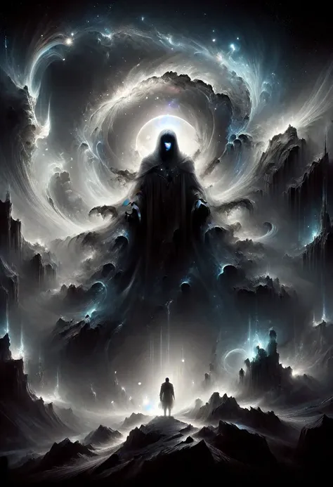 <lora:add-detail-xl:1.5>
[<lora:[LoRA] Planets:1>]
fantastic, realism, gothic,
light like in Rembrandt paintings, IMAX quality, 8k, shot on IMAX fisheye, detailed, elegant, perfection, dramatic light, 
((composition of the paintings Beksinski)),
[color of the paintings Beksinski],
clean color,
with a perspective that dramatizes creation of a new galaxy, [big universal bang], new galaxy,
In outer space, the initial stage of absorption of a 
new galaxy,
Gothic arch frames the edges,
(ghost man look at the viewer from a creation of a new galaxy), on top of a meteorite mountain, around a collapsing meteorite covered in billowing dust, ((zoom out)),