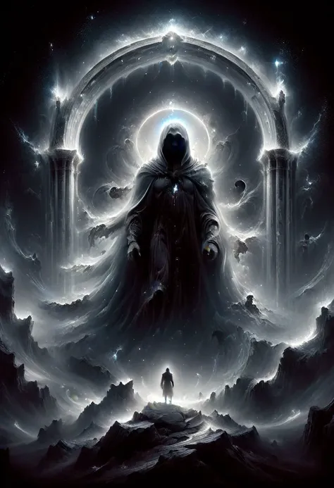 <lora:add-detail-xl:1.5>
[<lora:[LoRA] Planets:1>]
fantastic, realism, gothic,
light like in Rembrandt paintings, IMAX quality, 8k, shot on IMAX fisheye, detailed, elegant, perfection, dramatic light, 
((composition of the paintings Beksinski)),
[color of the paintings Rembrandt],
clean color,
with a perspective that dramatizes creation of a new galaxy, [big universal bang], new galaxy,
In outer space, the initial stage of absorption of a 
new galaxy,
Gothic arch frames the edges,
(ghost man look at the viewer from a creation of a new galaxy), on top of a meteorite mountain, around a collapsing meteorite covered in billowing dust, ((zoom out)),
