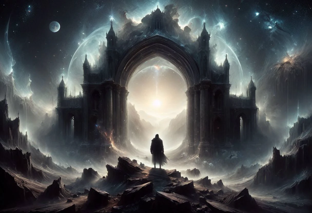 <lora:add-detail-xl:1.5>
<lora:[LoRA] Planets:1>
fantastic, realism, gothic,
light like in Rembrandt paintings, IMAX quality, 8k, shot on IMAX fisheye, detailed, elegant, perfection, dramatic light, 
((composition of the paintings Beksinski)),
[film color], 
with a perspective that dramatizes creation of a new galaxy, [big universal bang], (new galaxy),
In outer space, the initial stage of absorption of a 
new galaxy,
Gothic arch frames the edges,
portrait,
(ghost man look at the viewer from a creation of a new galaxy), on top of a meteorite mountain, around a collapsing meteorite covered in billowing dust, ((zoom out)),
