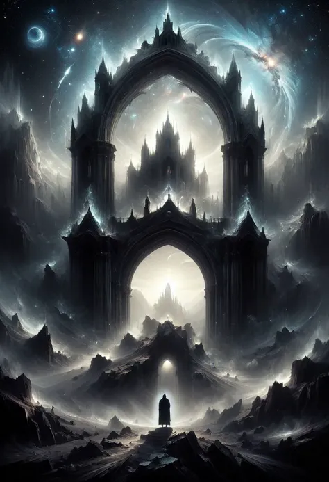 <lora:add-detail-xl:1.5>
[<lora:[LoRA] Planets:1>]
fantastic, realism, gothic,
light like in Rembrandt paintings, IMAX quality, 8k, shot on IMAX fisheye, detailed, elegant, perfection, dramatic light, 
((composition of the paintings Beksinski)),
film color, 
with a perspective that dramatizes creation of a new galaxy, [big universal bang], new galaxy,
In outer space, the initial stage of absorption of a 
new galaxy,
Gothic arch frames the edges,
(ghost man look at the viewer from a creation of a new galaxy), on top of a meteorite mountain, around a collapsing meteorite covered in billowing dust, ((zoom out)),