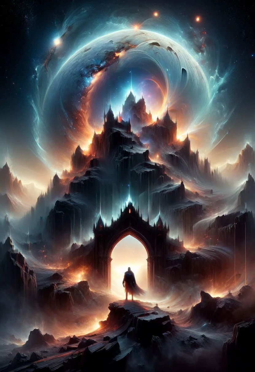 <lora:add-detail-xl:1.5>
[<lora:[LoRA] Planets:1>]
fantastic, realism, gothic,
light like in Rembrandt paintings, IMAX quality, 8k, shot on IMAX fisheye, detailed, elegant, perfection, dramatic light, 
((composition of the paintings Beksinski)),
with a perspective that dramatizes creation of a new galaxy, [big universal bang], new galaxy,
cold fire, fire of cold shades of color,
In outer space, the initial stage of absorption of a 
new galaxy,
Gothic arch frames the edges,
(ghost man look at the viewer from a creation of a new galaxy), on top of a meteorite mountain, around a collapsing meteorite covered in billowing dust, ((zoom out)),