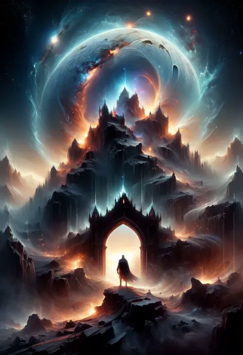 <lora:add-detail-xl:1.5>
[<lora:[LoRA] Planets:1>]
fantastic, realism, gothic,
light like in Rembrandt paintings, IMAX quality, 8k, shot on IMAX fisheye, detailed, elegant, perfection, dramatic light, 
((composition of the paintings Beksinski)),
with a perspective that dramatizes creation of a new galaxy, [big universal bang], new galaxy,
cold fire, fire of cold shades of color,
In outer space, the initial stage of absorption of a 
new galaxy,
Gothic arch frames the edges,
(ghost man look at the viewer from a creation of a new galaxy), on top of a meteorite mountain, around a collapsing meteorite covered in billowing dust, ((zoom out)),