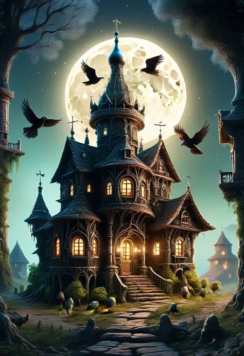 Ultra realistic, RTX, ray tracing, amazing quality, masterpiece, best quality, hyper detailed, ultra detailed, UHD, depth of field, Russian village house on pillars stands in the middle of a forest edge, night, the moon is shining brightly, tower, a medieval tract linking elegies and cognomen, birds, animals