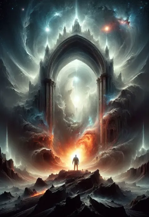 <lora:add-detail-xl:1.5>
[<lora:[LoRA] Planets:1>]
fantastic, realism, gothic,
light like in Rembrandt paintings, IMAX quality, 8k, shot on IMAX fisheye, detailed, elegant, perfection, dramatic light, 
((composition of the paintings Beksinski)),
with a perspective that dramatizes creation of a new galaxy, big universal bang, new galaxy,
cold fire, fire of cold shades of color,
reduce red saturation,
In outer space, the initial stage of absorption of a 
black hole, destruction of the black hole,
Gothic arch frames the edges,
(ghost man looks at from a creation of a new galaxy straight towards the viewer), on top of a meteorite mountain, around a collapsing meteorite covered in billowing dust, ((zoom out)),