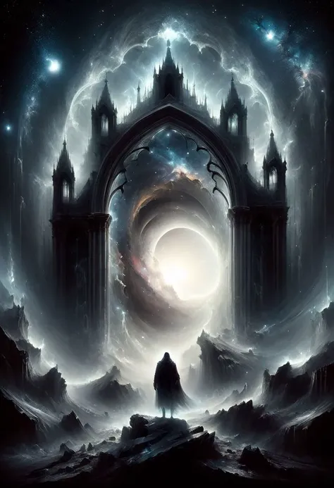 <lora:add-detail-xl:1.5>
[<lora:[LoRA] Planets:1>]
fantastic, realism, gothic,
light like in Rembrandt paintings, IMAX quality, 8k, shot on IMAX fisheye, detailed, elegant, perfection, dramatic light, 
((composition of the paintings Beksinski)),
film color, 
with a perspective that dramatizes creation of a new galaxy, [big universal bang], new galaxy,
In outer space, the initial stage of absorption of a 
new galaxy,
Gothic arch frames the edges,
(ghost man look at the viewer from a creation of a new galaxy), on top of a meteorite mountain, around a collapsing meteorite covered in billowing dust, ((zoom out)),