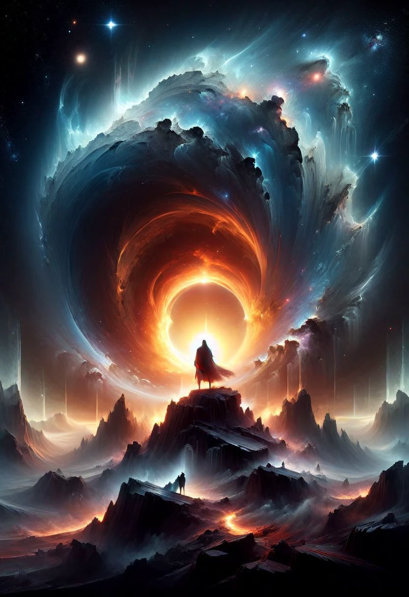 <lora:add-detail-xl:1.5>
[<lora:[LoRA] Planets:1>]
fantastic, realism, gothic,
light like in Rembrandt paintings, IMAX quality, 8k, shot on IMAX fisheye, detailed, elegant, perfection, dramatic light, 
((composition of the paintings Beksinski)),
with a perspective that dramatizes creation of a new galaxy, [big universal bang], new galaxy,
cold fire, fire of cold shades of color,
In outer space, the initial stage of absorption of a 
new galaxy,
Gothic arch frames the edges,
(ghost man look at the viewer from a creation of a new galaxy), on top of a meteorite mountain, around a collapsing meteorite covered in billowing dust, ((zoom out)),