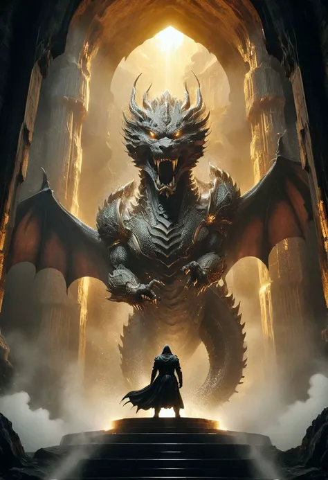 a small man standing in front of a giant dragon,
which flies out of a huge gothic arch, a dragon inside a cave, a dragon flies out of a cave,
((the dragon looks at the man)), Frontal Angle of dragon, (closeup portrait of a dragon),
the dragon's tail bends around a man,
a man in armor plated with gold, dragon scales partially covered with gold, golden cave walls,
light like in Rembrandt paintings, IMAX quality, 8k, shot on IMAX 100mm, detailed, perfection, (composition of the paintings Beksinski),
(dragon spirit), dragon portrait, epic dragon, dragon in the background, classic dragon, exotic dragon, undead dragon, golden dragon, detailed dragon, god of dragons, dragon face, dragon with scars, dragon head, majestic gothic dragon,
two wings