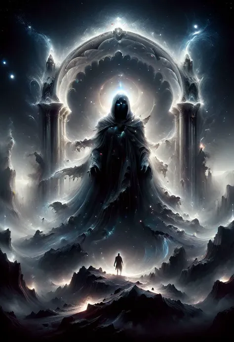 <lora:add-detail-xl:1.5>
[<lora:[LoRA] Planets:1>]
fantastic, realism, gothic,
light like in Rembrandt paintings, IMAX quality, 8k, shot on IMAX fisheye, detailed, elegant, perfection, dramatic light, 
((composition of the paintings Beksinski)),
film color,
with a perspective that dramatizes creation of a new galaxy, [big universal bang], new galaxy,
In outer space, the initial stage of absorption of a 
new galaxy,
Gothic arch frames the edges,
(ghost man look at the viewer from a creation of a new galaxy), on top of a meteorite mountain, around a collapsing meteorite covered in billowing dust, ((zoom out)),