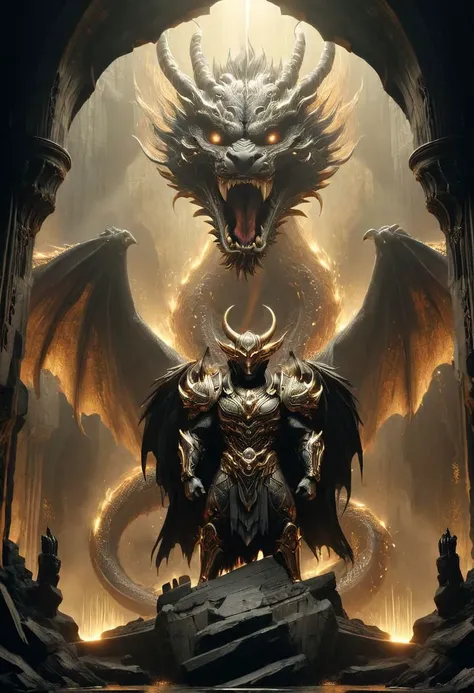 a small man standing in front of a giant dragon,
which flies out of a huge Gothic arch, a dragon inside a cave, a dragon flies out of a cave,
((the dragon looks at the man)), Frontal Angle of dragon, (closeup portrait of a dragon),
the dragon's tail bends around a man,
a man in armour plated with gold, dragon scales partially covered with gold, golden cave walls, (gold dragon),
big wings, giant wings,
Long neck,
light like in Rembrandt paintings, IMAX quality, 8k, shot on IMAX 100mm, detailed, perfect, (composition of the paintings Beksinski),
(dragon spirit), dragon portrait, epic dragon, dragon in the background, classic dragon, exotic dragon, undead dragon, golden dragon, detailed dragon, god of dragons, dragon face, dragon with scars, dragon head, majestic gothic dragon,
two wings