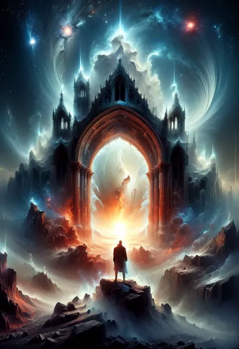 <lora:add-detail-xl:1.5>
[<lora:[LoRA] Planets:1>]
fantastic, realism, gothic,
light like in Rembrandt paintings, IMAX quality, 8k, shot on IMAX fisheye, detailed, elegant, perfection, dramatic light, 
((composition of the paintings Beksinski)),
with a perspective that dramatizes creation of a new galaxy, [big universal bang], new galaxy,
cold fire, fire of cold shades of color,
In outer space, the initial stage of absorption of a 
new galaxy,
Gothic arch frames the edges,
(ghost man looks at from a creation of a new galaxy straight towards the viewer), on top of a meteorite mountain, around a collapsing meteorite covered in billowing dust, ((zoom out)),