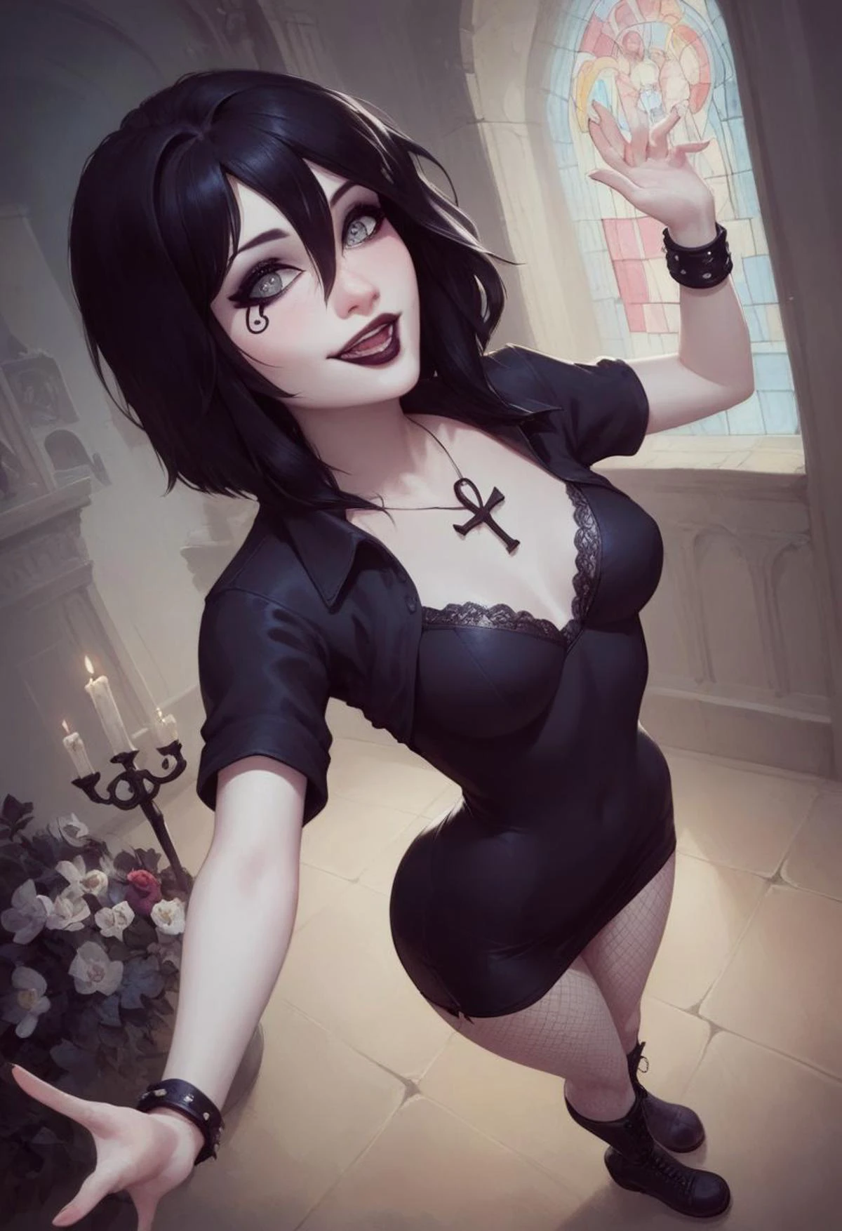 score_9, score_8_up, score_7_up, pinup girl pose, a sexy girl in a goth outfit, (silver ankh necklace), dancing, smiling eyes, mouth open, cleavage, (((fishnet shirt))), black lace bra, black lace skirt, close on face, short black glam hair, egyptian eyeliner, eye of horus, (very pale skin), (((white skin))), pale colors, goth decorations, small breasts, perfect face, thin waist, heart-shaped ass, black themed clothes, mischievous look on face, semi realistic, fantastical, looking at viewer, (black hair), gray eyes, face mark, fishnet stockings, combat boots, black bracelets, full body, from above, focus on face,
score_9,score_8_up,score_7_up,very aesthetic ,(masterpiece:1.4), (best quality), (colorful), (detailed) dramatic angle, unique perspective, unique angle, comic book angle and perspective, (((nighttime))), summer night, candle light, D_endless, indoors, at night, in a crypt, stained glass window
