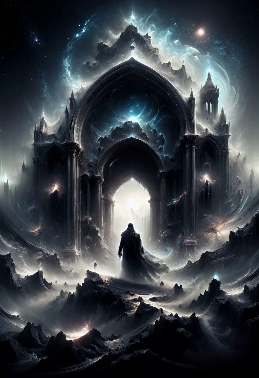 <lora:add-detail-xl:1.5>
[<lora:[LoRA] Planets:1>]
fantastic, realism, gothic,
light like in Rembrandt paintings, IMAX quality, 8k, shot on IMAX fisheye, detailed, elegant, perfection, dramatic light, 
((composition of the paintings Beksinski)),
[color of the paintings Beksinski],
clean color,
with a perspective that dramatizes creation of a new galaxy, [big universal bang], new galaxy,
In outer space, the initial stage of absorption of a 
new galaxy,
Gothic arch frames the edges,
(ghost man look at the viewer from a creation of a new galaxy), on top of a meteorite mountain, around a collapsing meteorite covered in billowing dust, ((zoom out)),