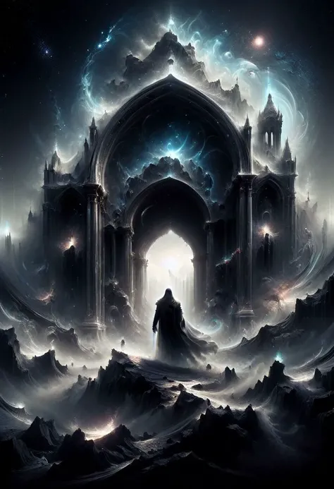 <lora:add-detail-xl:1.5>
[<lora:[LoRA] Planets:1>]
fantastic, realism, gothic,
light like in Rembrandt paintings, IMAX quality, 8k, shot on IMAX fisheye, detailed, elegant, perfection, dramatic light, 
((composition of the paintings Beksinski)),
[color of the paintings Beksinski],
clean color,
with a perspective that dramatizes creation of a new galaxy, [big universal bang], new galaxy,
In outer space, the initial stage of absorption of a 
new galaxy,
Gothic arch frames the edges,
(ghost man look at the viewer from a creation of a new galaxy), on top of a meteorite mountain, around a collapsing meteorite covered in billowing dust, ((zoom out)),