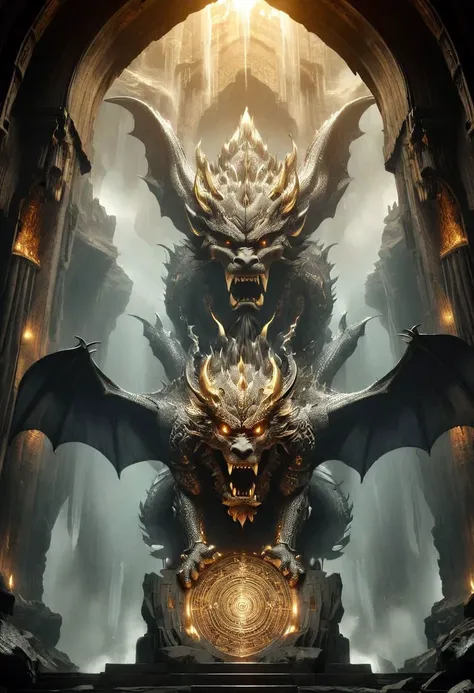 a small man standing in front of a giant dragon,
which flies out of a huge Gothic arch, a dragon inside a cave, a dragon flies out of a cave,
((the dragon looks at the man)), Frontal Angle of dragon, (closeup portrait of a dragon),
the dragon's tail bends around a man,
a man in armour plated with gold, dragon scales partially covered with gold, golden cave walls, (gold dragon),
light like in Rembrandt paintings, IMAX quality, 8k, shot on IMAX 100mm, detailed, perfect, (composition of the paintings Beksinski),
(dragon spirit), dragon portrait, epic dragon, dragon in the background, classic dragon, exotic dragon, undead dragon, golden dragon, detailed dragon, god of dragons, dragon face, dragon with scars, dragon head, majestic gothic dragon,
two wings