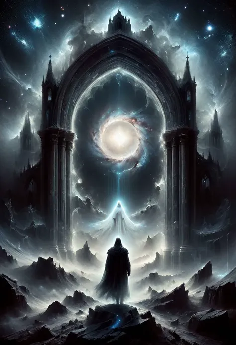 <lora:add-detail-xl:1.5>
[<lora:[LoRA] Planets:1>]
fantastic, realism, gothic,
light like in Rembrandt paintings, IMAX quality, 8k, shot on IMAX fisheye, detailed, elegant, perfection, dramatic light, 
((composition of the paintings Beksinski)),
film color, 
with a perspective that dramatizes creation of a new galaxy, [big universal bang], new galaxy,
In outer space, the initial stage of absorption of a 
new galaxy,
Gothic arch frames the edges,
(ghost man look at the viewer from a creation of a new galaxy), on top of a meteorite mountain, around a collapsing meteorite covered in billowing dust, ((zoom out)),