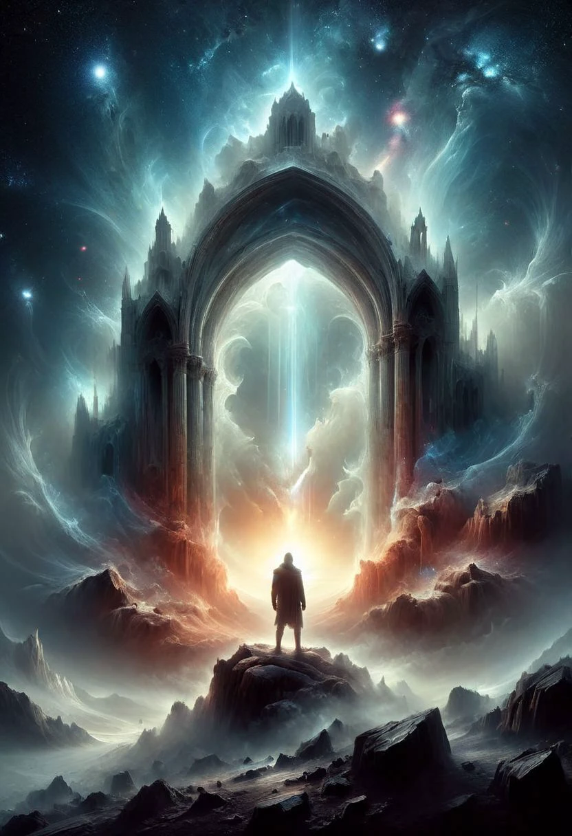 <lora:add-detail-xl:1.5>
[<lora:[LoRA] Planets:1>]
fantastic, realism, gothic,
light like in Rembrandt paintings, IMAX quality, 8k, shot on IMAX fisheye, detailed, elegant, perfection, dramatic light, 
((composition of the paintings Beksinski)),
with a perspective that dramatizes creation of a new galaxy, [big universal bang], new galaxy,
cold fire, fire of cold shades of color,
In outer space, the initial stage of absorption of a 
new galaxy,
Gothic arch frames the edges,
(ghost man looks at from a creation of a new galaxy straight towards the viewer), on top of a meteorite mountain, around a collapsing meteorite covered in billowing dust, ((zoom out)),