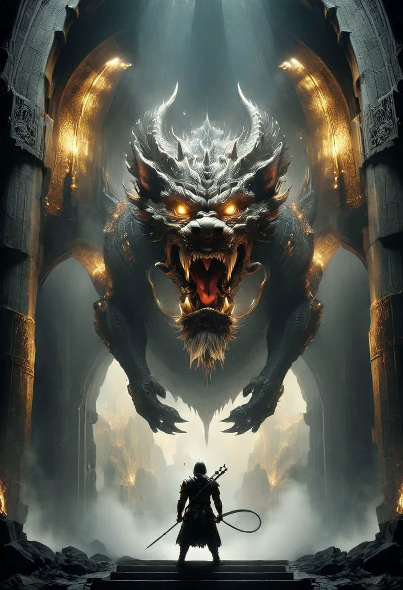 a small man standing in front of a giant dragon,
which flies out of a huge gothic arch, a dragon inside a cave, a dragon flies out of a cave,
((the dragon looks at the man)), Frontal Angle of dragon, (closeup portrait of a dragon),
the dragon's tail bends around a man,
a man in armor plated with gold, dragon scales partially covered with gold, golden cave walls,
light like in Rembrandt paintings, IMAX quality, 8k, shot on IMAX 100mm, detailed, perfection, (composition of the paintings Beksinski),
(dragon spirit), dragon portrait, epic dragon, dragon in the background, classic dragon, exotic dragon, undead dragon, golden dragon, detailed dragon, god of dragons, dragon face, dragon with scars, dragon head, majestic gothic dragon,
two wings