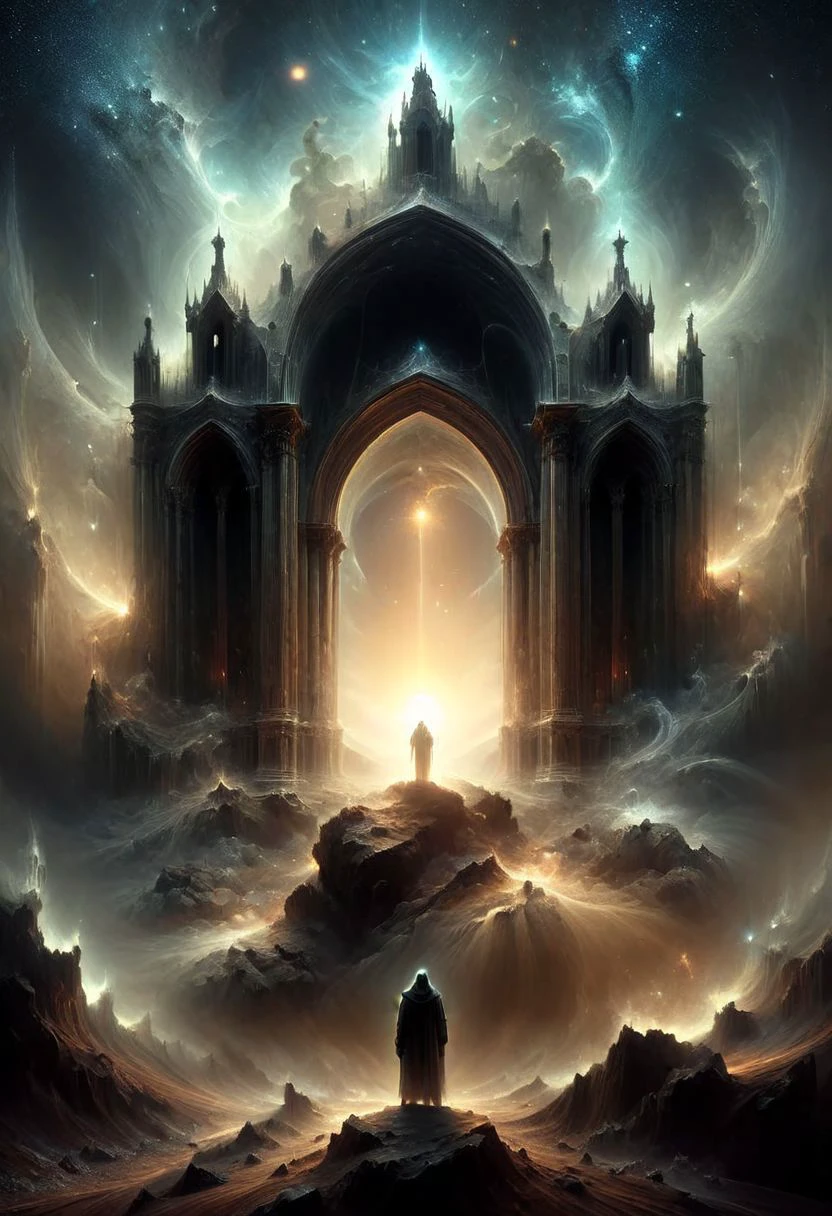<lora:add-detail-xl:1.5>
[<lora:[LoRA] Planets:1>]
fantastic, realism, gothic,
light like in Rembrandt paintings, IMAX quality, 8k, shot on IMAX fisheye, detailed, elegant, perfection, dramatic light, 
((composition of the paintings Beksinski)),
cyanic color, ocher color,
[color of the paintings Beksinski]
with a perspective that dramatizes creation of a new galaxy, [big universal bang], new galaxy,
cold fire, fire of cold shades of color,
In outer space, the initial stage of absorption of a 
new galaxy,
Gothic arch frames the edges,
(ghost man look at the viewer from a creation of a new galaxy), on top of a meteorite mountain, around a collapsing meteorite covered in billowing dust, ((zoom out)),