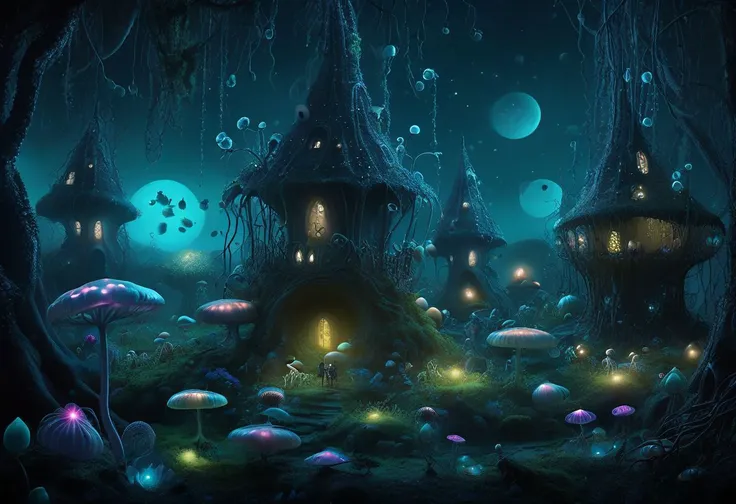 a swarm of ((faeries)), guarding a nest, among (luxuriant bioluminescent plants), fantasy world, Tim burton style, ((((Ultra-HD-photo-same-realistic-quality-details)))), intricate details, panoramic view