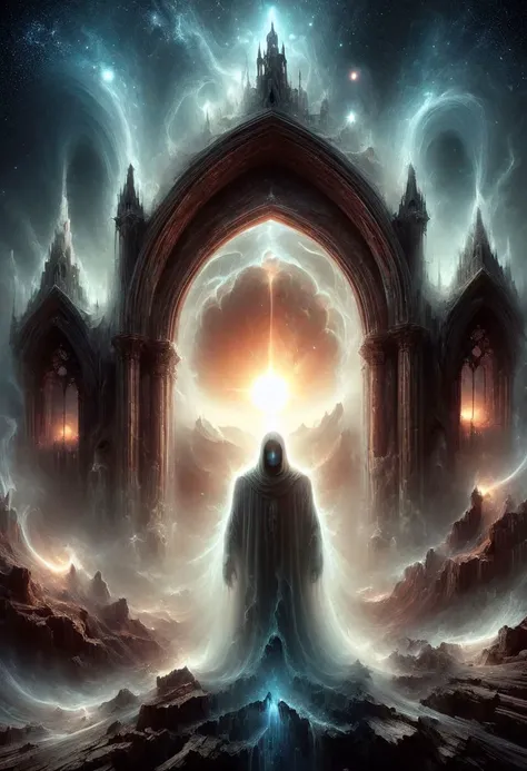 <lora:add-detail-xl:1.5>
[<lora:[LoRA] Planets:1>]
fantastic, realism, gothic,
light like in Rembrandt paintings, IMAX quality, 8k, shot on IMAX fisheye, detailed, elegant, perfection, dramatic light, 
((composition of the paintings Beksinski)),
with a perspective that dramatizes creation of a new galaxy, big universal bang, new galaxy,
cold fire, fire of cold shades of color,
reduce red saturation,
In outer space, the initial stage of absorption of a 
black hole, destruction of the black hole,
Gothic arch frames the edges,
(ghost man looks at from a creation of a new galaxy straight towards the viewer), on top of a meteorite mountain, around a collapsing meteorite covered in billowing dust, ((zoom out)),