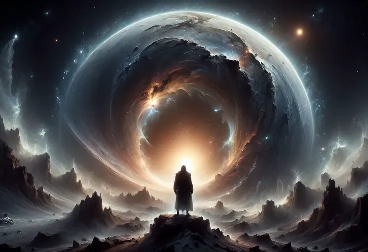 <lora:add-detail-xl:1.5>
<lora:[LoRA] Planets:1>
fantastic, realism, gothic,
light like in Rembrandt paintings, IMAX quality, 8k, shot on IMAX fisheye, detailed, elegant, perfection, dramatic light, 
((composition of the paintings Beksinski)),
[film color], 
with a perspective that dramatizes creation of a new galaxy, [big universal bang], (new galaxy),
In outer space, the initial stage of absorption of a 
new galaxy,
part of Gothic arch frames the edges,
portrait,
(ghost man look at the viewer from a creation of a new galaxy), on top of a meteorite mountain, around a collapsing meteorite covered in billowing dust, ((zoom out)),
