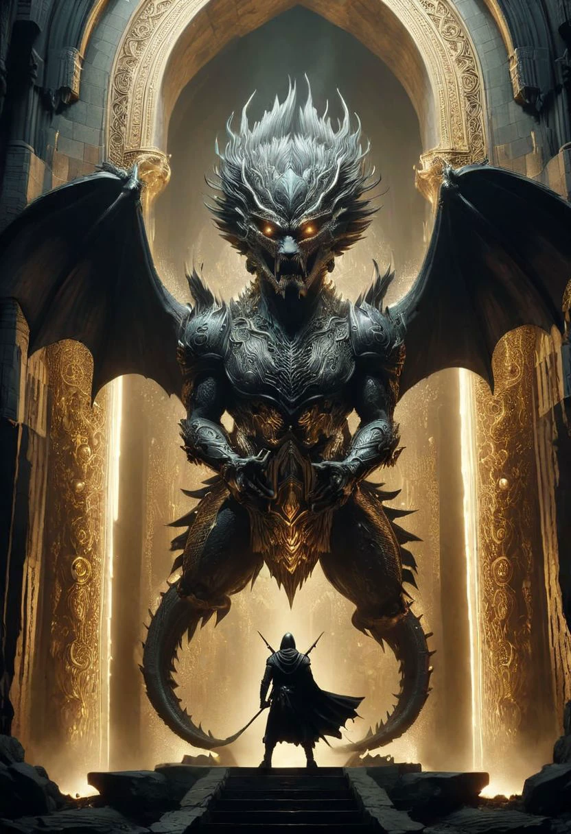 a small man standing in front of a giant dragon,
which flies out of a huge Gothic arch, a dragon inside a cave, a dragon flies out of a cave,
((the dragon looks at the man)), Frontal Angle of dragon, (closeup portrait of a dragon),
the dragon's tail bends around a man,
a man in armour plated with gold, dragon scales partially covered with gold, golden cave walls, (gold dragon),
big wings, giant wings,
Long neck,
light like in Rembrandt paintings, IMAX quality, 8k, shot on IMAX 100mm, detailed, perfect, (composition of the paintings Beksinski),
(dragon spirit), dragon portrait, epic dragon, dragon in the background, classic dragon, exotic dragon, undead dragon, golden dragon, detailed dragon, god of dragons, dragon face, dragon with scars, dragon head, majestic gothic dragon,
two wings