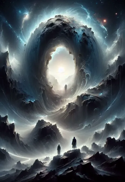 <lora:add-detail-xl:1.5>
[<lora:[LoRA] Planets:1>]
fantastic, realism, gothic,
light like in Rembrandt paintings, IMAX quality, 8k, shot on IMAX fisheye, detailed, elegant, perfection, dramatic light, 
((composition of the paintings Beksinski)),
film color, color tinting like in the movie Gravity,
with a perspective that dramatizes creation of a new galaxy, [big universal bang], new galaxy,
In outer space, the initial stage of absorption of a 
new galaxy,
Gothic arch frames the edges,
(ghost man look at the viewer from a creation of a new galaxy), on top of a meteorite mountain, around a collapsing meteorite covered in billowing dust, ((zoom out)),