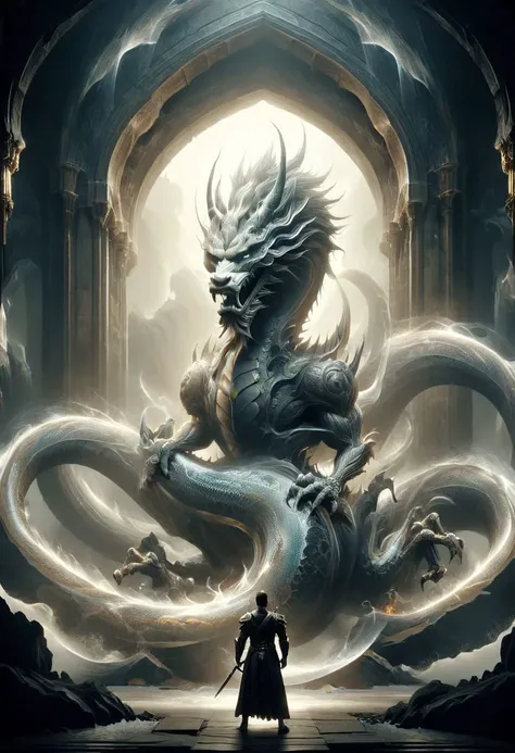 a white spirit man standing in front of a giant dragon,
which flies out of a huge gothic arch, a dragon inside a cave, a dragon flies out of a cave,
((the dragon looks at the man)), Frontal Angle of dragon, (portrait of a dragon),
the dragon's tail bends around a man,
a man in armor plated with gold, dragon scales partially covered with gold,
(dragon spirit), dragon portrait, epic dragon, dragon in the background, classic dragon, exotic dragon, undead dragon, golden dragon, detailed dragon, god of dragons, dragon face, dragon with scars, dragon head, majestic gothic dragon,
two wings