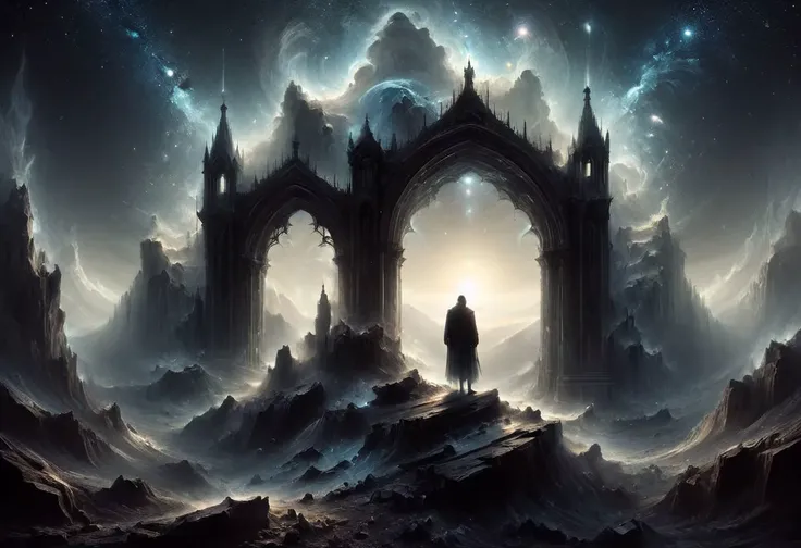 <lora:add-detail-xl:1.5>
<lora:[LoRA] Planets:1>
fantastic, realism, gothic,
light like in Rembrandt paintings, IMAX quality, 8k, shot on IMAX fisheye, detailed, elegant, perfection, dramatic light, 
((composition of the paintings Beksinski)),
[film color], 
with a perspective that dramatizes creation of a new galaxy, [big universal bang], (new galaxy),
In outer space, the initial stage of absorption of a 
new galaxy,
Gothic arch frames the edges,
portrait,
(ghost man look at the viewer from a creation of a new galaxy), on top of a meteorite mountain, around a collapsing meteorite covered in billowing dust, ((zoom out)),