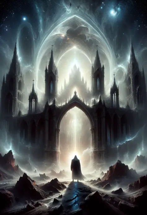 <lora:add-detail-xl:1.5>
[<lora:[LoRA] Planets:1>]
fantastic, realism, gothic,
light like in Rembrandt paintings, IMAX quality, 8k, shot on IMAX fisheye, detailed, elegant, perfection, dramatic light, 
((composition of the paintings Beksinski)),
with a perspective that dramatizes creation of a new galaxy, big universal bang, new galaxy,
cold fire, fire of cold shades of color,
reduce red saturation,
In outer space, the initial stage of absorption of a 
black hole, destruction of the black hole,
Gothic arch frames the edges,
(ghost man looks at from a creation of a new galaxy straight towards the viewer), on top of a meteorite mountain, around a collapsing meteorite covered in billowing dust, ((zoom out)),