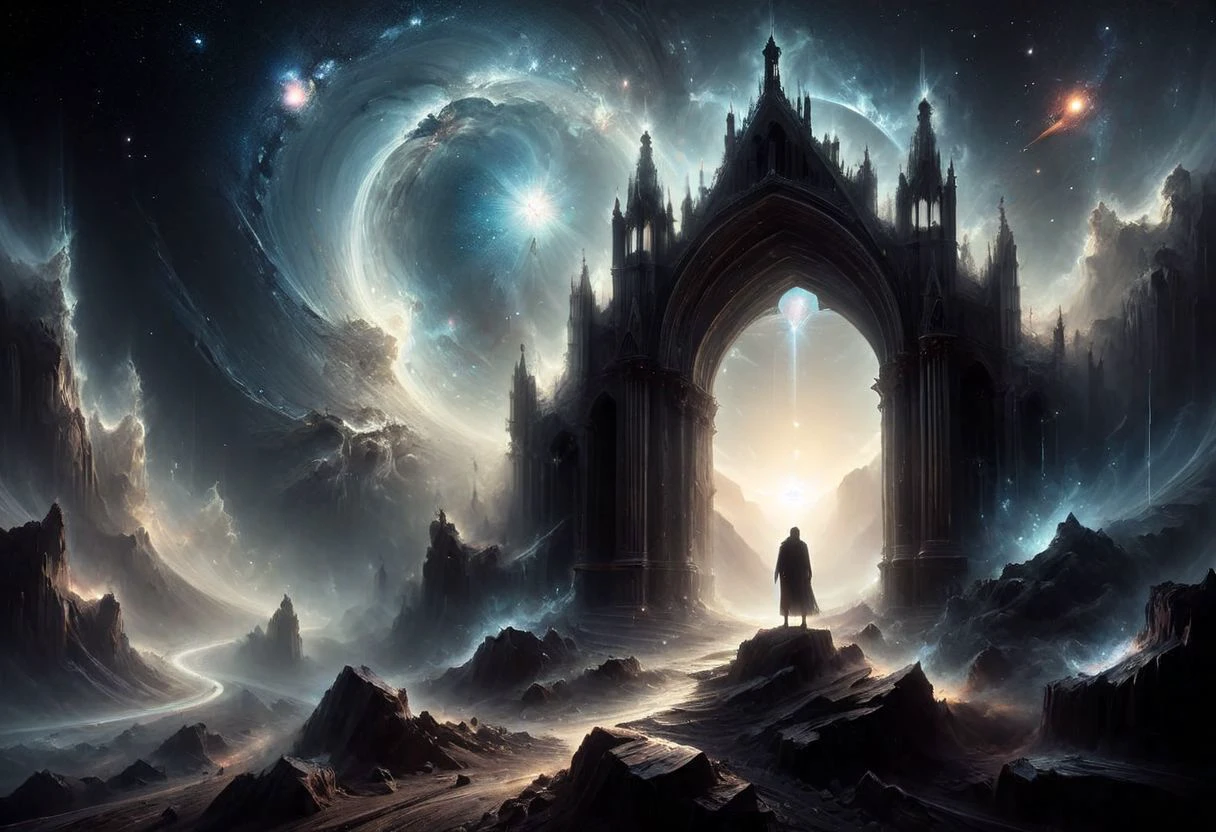 <lora:add-detail-xl:1.5>
[<lora:[LoRA] Planets:1>]
fantastic, realism, gothic,
light like in Rembrandt paintings, IMAX quality, 8k, shot on IMAX fisheye, detailed, elegant, perfection, dramatic light, 
((composition of the paintings Beksinski)),
[film color], 
with a perspective that dramatizes creation of a new galaxy, [big universal bang], (new galaxy),
In outer space, the initial stage of absorption of a 
new galaxy,
Gothic arch frames the edges,
portrait,
(ghost man look at the viewer from a creation of a new galaxy), on top of a meteorite mountain, around a collapsing meteorite covered in billowing dust, ((zoom out)),