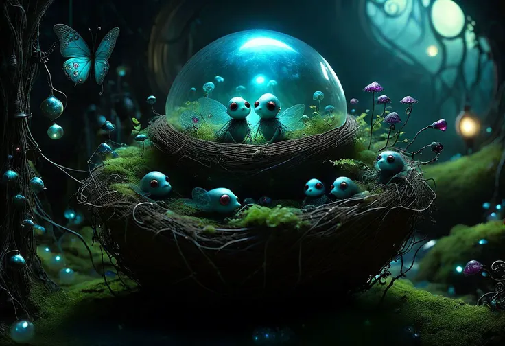 a nest of faeries, faeries in steampunk fashion, luxuriant bioluminescent vegetation, fantasy world, Tim Burton's style, ((((Ultra-HD-photo-same-realistic-quality-details)))), intricate details, panoramic view