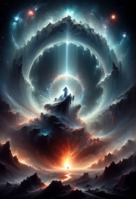 <lora:add-detail-xl:1.5>
[<lora:[LoRA] Planets:1>]
fantastic, realism, gothic,
light like in Rembrandt paintings, IMAX quality, 8k, shot on IMAX fisheye, detailed, elegant, perfection, dramatic light, 
((composition of the paintings Beksinski)),
with a perspective that dramatizes creation of a new galaxy, [big universal bang], new galaxy,
cold fire, fire of cold shades of color,
In outer space, the initial stage of absorption of a 
new galaxy,
Gothic arch frames the edges,
(ghost man look at the viewer from a creation of a new galaxy), on top of a meteorite mountain, around a collapsing meteorite covered in billowing dust, ((zoom out)),